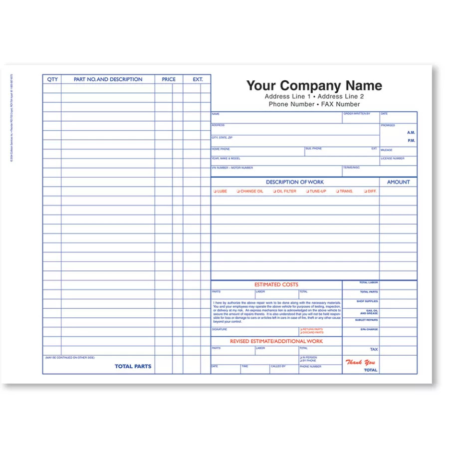 Mechanical Repair Order, 3-Part – 11″ x 8½”- Pack 250